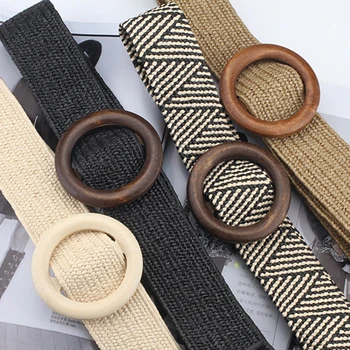 

New Vintage Knitted Wax Rope Wooden Bead Waist Rope Women Smooth Buckle Belt Woman Woven Female Hand-Beaded Braided Belt