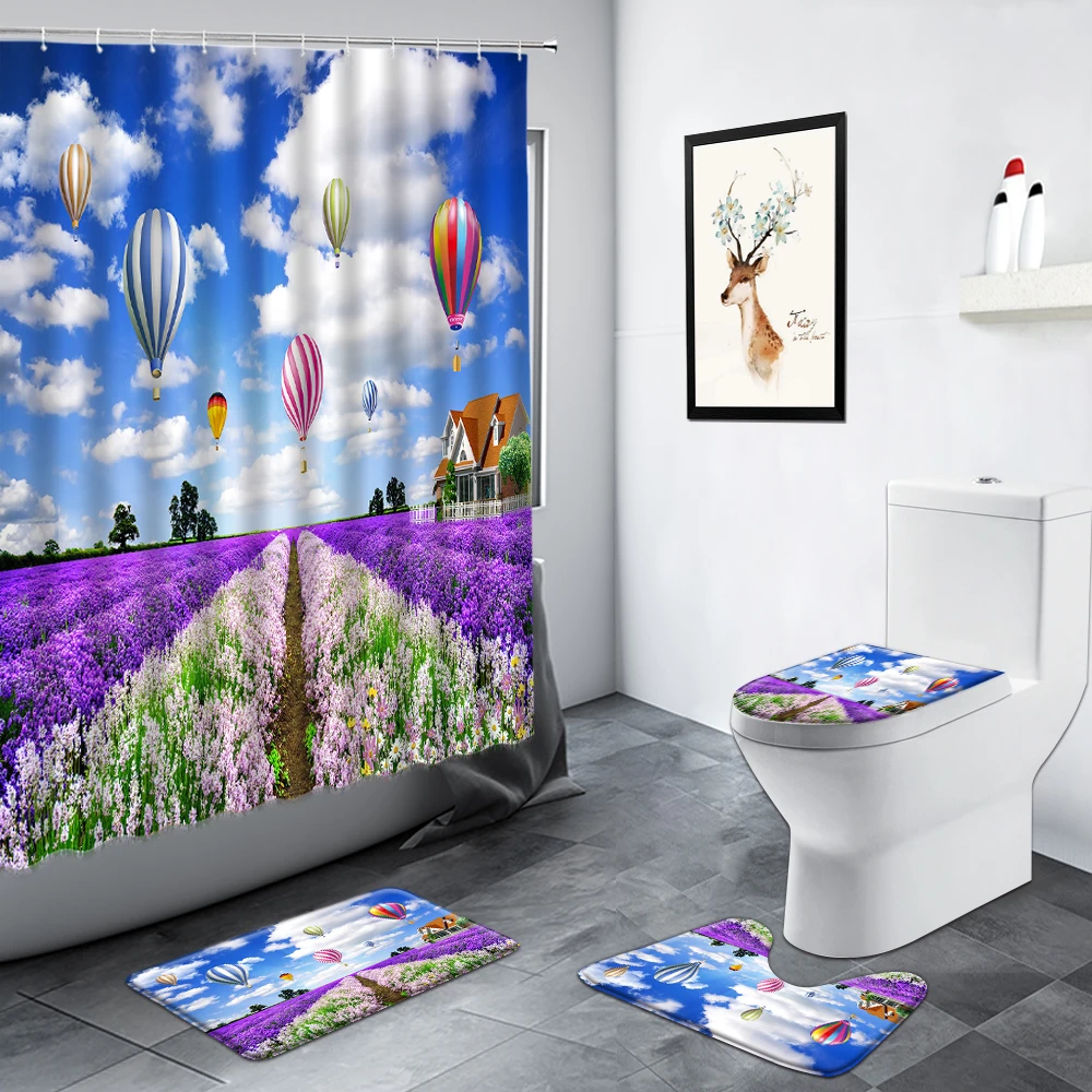 

Hot Air Balloon Lavender Flowers Shower Curtains Purple Floral Plant Sunflower Rural Scenery Bathroom Rug Non-slip Bath Mats Set