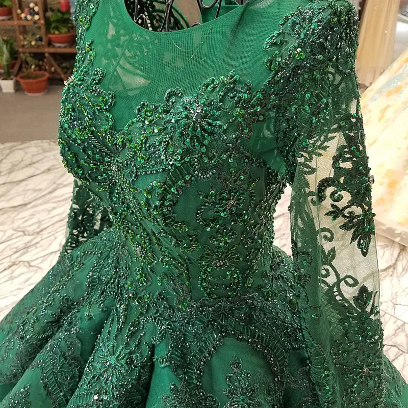 LS0447 floor length puffy green evening dress o-neck long tulle sleeves lace up back pleat evening party dresses quick shipping 5