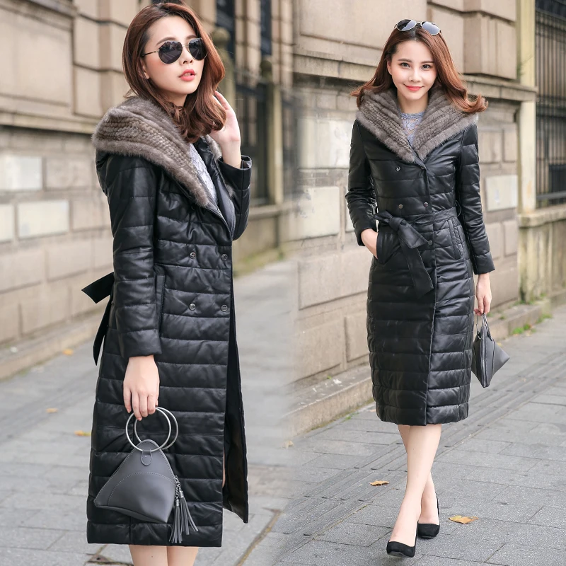 Winter New Women's Leather Jacket Long Down Jacket Mink Fur Collar Coat Thicken Fashion Slim Hooded Jackets Parka Female