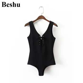 

za 2020 fashion bodysuits women black cotton square collar piercing eye drawstring bodysuits female slim tight sleeveless mujer