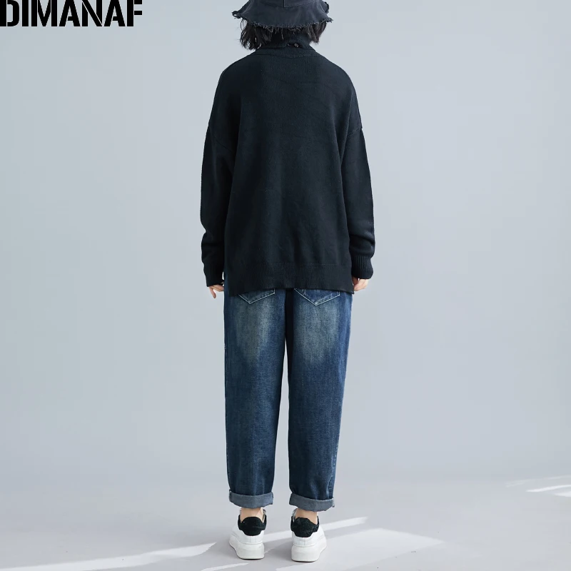 DIMANAF, женский свитер размера плюс, зима-осень, вязаный, утолщенный, с высоким воротом, для женщин, для девушек, топы, базовые пуловеры, Повседневная однотонная одежда