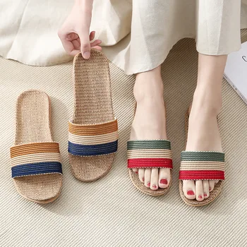 

Suihyung Summer Flax Slippers For Women Men 2020 New Colored Striped Casual Slides Couple Non-slip Indoor Shoes HempFlip Flops