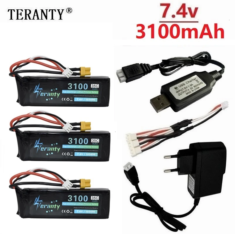 Upgrade 7.4V 3100mAh 35c Lipo Battery for MJX Bugs 3 B3 RC Quadcopter Spare Parts 1800mah 7.4v Rechargeable Charger Set | Электроника