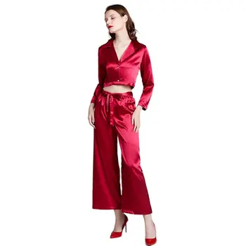 

Women Shiny Silky Pajamas Set Long Sleeve Notched Crop Top Pants Solid Sleepwear 83XF