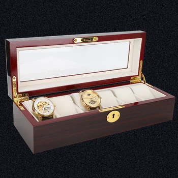 

Watch box storage box made of wood with 6 grids with lid and clear view metal clasp storage box for organizer watches exquisite
