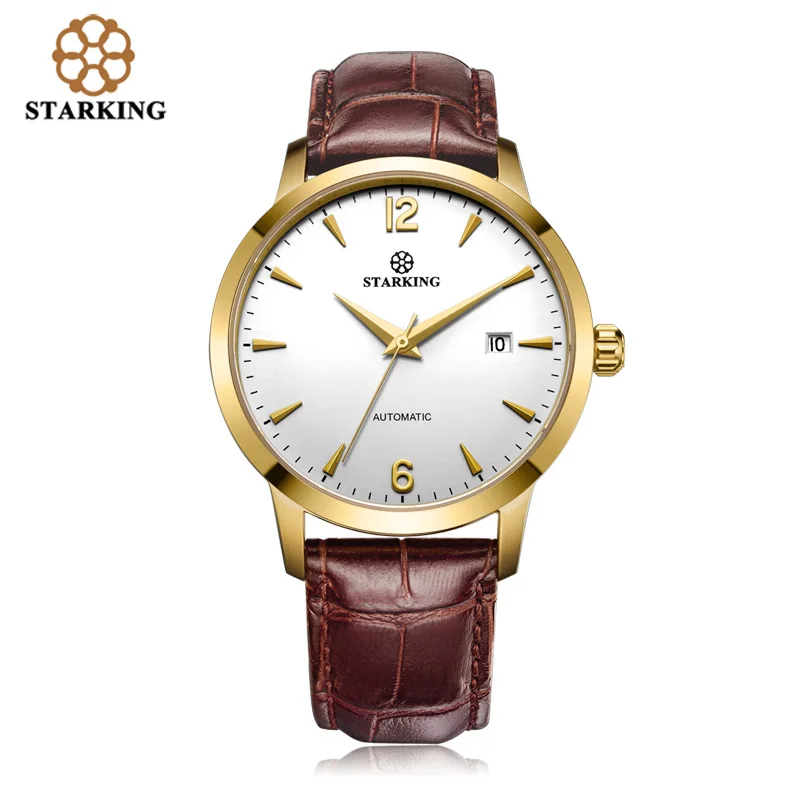 brown leather watch STARKING, мужские механические часы, модные, 28800, Beat, автоматические, заводные, наручные часы из нержавеющей стали, мужские, Relogio, 5 м, водонепроницаемые - Цвет: brown leather watch