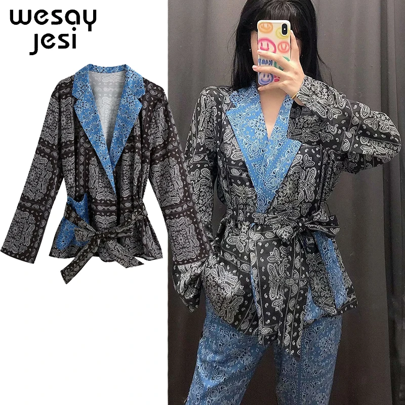 

Fashion Retro Women's Blazer Print Stitching Color Matching Belt Decoration Blue Black Color Matching Women's Jacket 2020