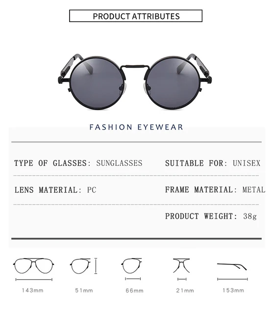Retro Round Sunglasses Men Women Brand Designer Punk Style Windproof Metal Frame Vintage Sun Glasses Oculos De Sol 6