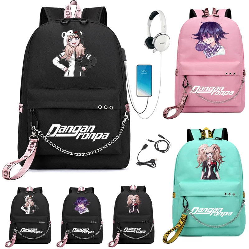 Mochila escolar de Anime para adolescentes, morral escolar con puerto USB, Monokuma, patrón de oso, bolsa de viaje para estudiantes