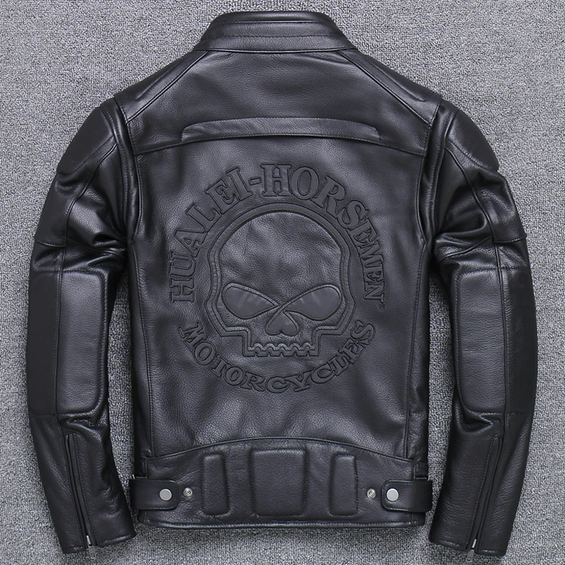 

Mens Cow Leather Coats Skull Pattern Genuine Leather Jacket Automotive Biker Mans Real Leather Jacket Reflective Streetwear A787