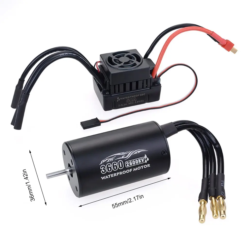 Waterproof Motor Kit 3660 2600KV/3300KV Brushless Senseless Motor and 60A Brushless ESC Combo Set for 1/10 RC Car Boat Model Toy