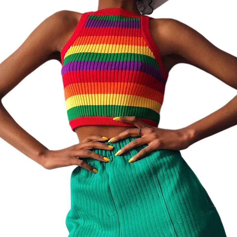 Women Summer Sexy Sleeveless Mini Crop Top Halter Thread Ribbed Knit Bodycon Camisole Rainbow Stripes Racerback Beach Party Vest