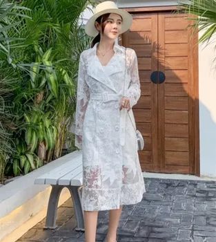 

2019 Autumn Runway High-quality Women's White Lace Embroidery Dress 2-Piece Suite Women Belt Transparent Long Dress+Sling Suit