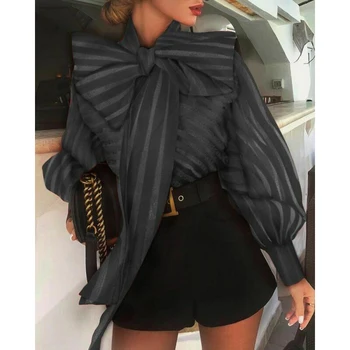

Fashion Women Mesh Casual Long Lantern Sleeve Bow Striped Tops Blouse Shirt
