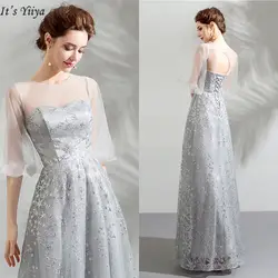 Вечернее платье It's Yiya 2018 с круглым вырезом, серое, блестящее, с полупышными рукавами, ТРАПЕЦИЕВИДНОЕ, длиной до пола, плюс размер, LX1161 robe de soiree
