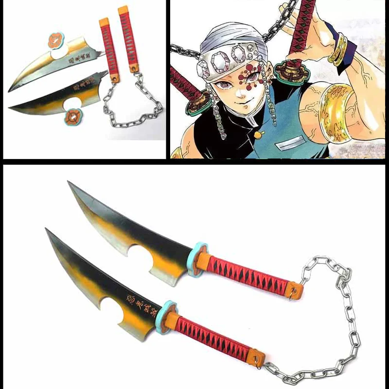 Новый Косплей демона убийца Kimetsu no Yaiba Uzui Tengen двойные мечи с цепочкой ПВХ косплей