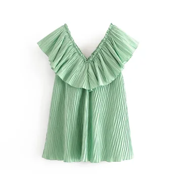 

2020 Spring and Summer New V-neck Sleeveless Short Dress Laminated Frilled Banded Small Pleated Loose Mini Dress