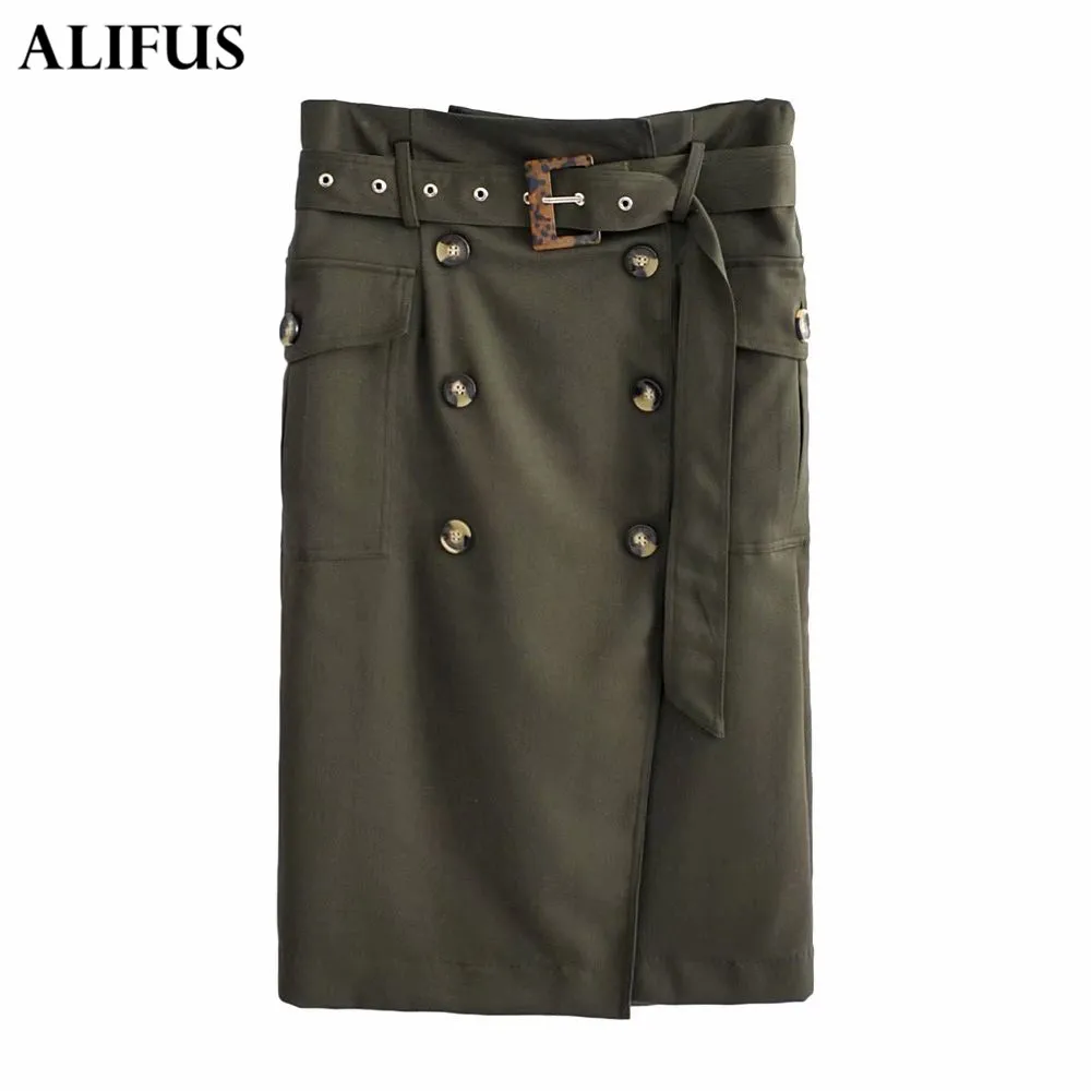 

Fashion Za 2019 Women Solid Sexy Double Breasted High Waist Straight Midi Skirts Female Summer Streetwear Clothing