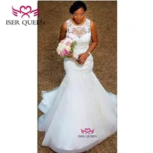 О-образным вырезом Вышивка Иллюзия Сексуальная Русалка Свадебные платья Кнопка чистый белый Африка стильное платье невесты Vestido De Novia W0324
