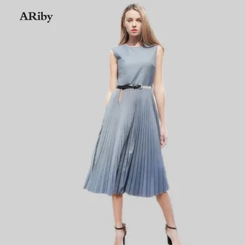 

ARiby Elegant Dress Spring Summer New Solid Sleeveless O-Neck A-line Slim Fit Pleated With Sashes Dress Vestidos