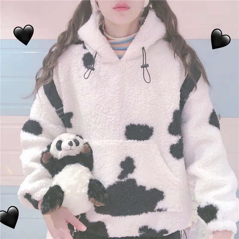 Kawaii/топы с капюшоном из овечьей шерсти с рисунком коровы; мягкий пуловер с длинными рукавами для девочек; сезон осень-зима; Harajuku; милая теплая толстовка Mori Girl