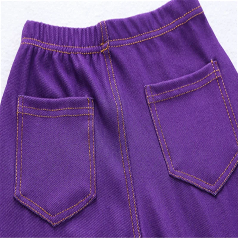 Модные узкие трикотажные джинсы ярких цветов для девочек, имитация джинсовой ткани детские длинные штаны со средней талией для От 4 до 12 лет и девочек-подростков