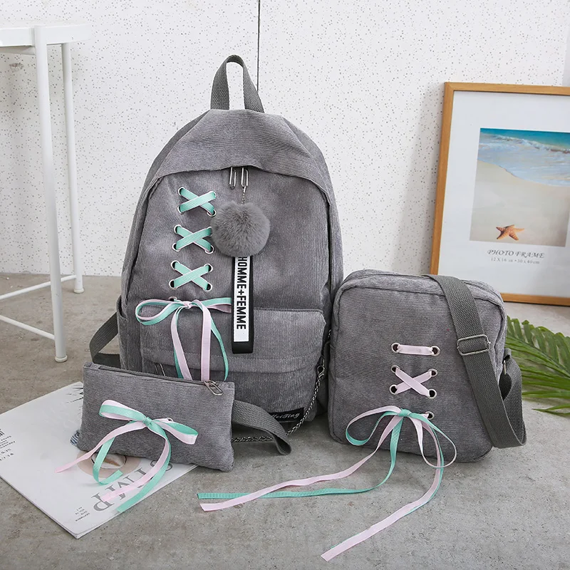 Модный вельветовый женский рюкзак из трех частей, Молодежная школьная сумка для девочек, Большой Вместительный рюкзак для компьютера, женские сумки для отдыха и путешествий