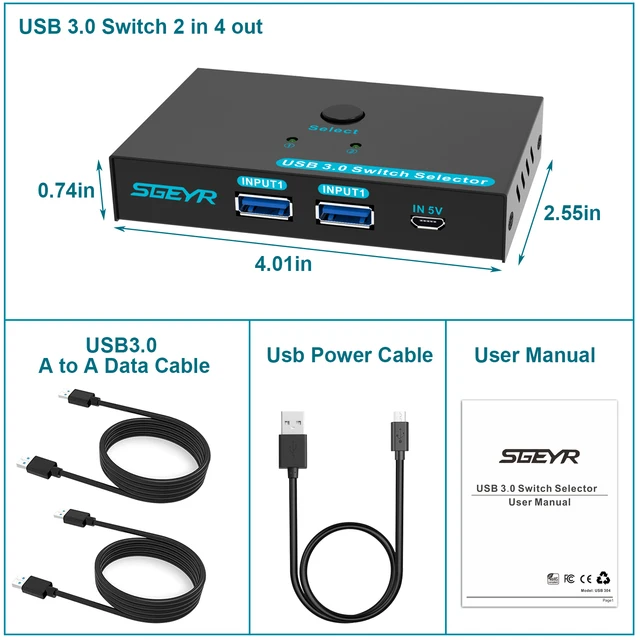 SGEYR USB 2.0 Sélecteur de Commutateur, USB Switch 2 Entrées 4 Sorties, USB  Commutateur 4 Port pour Imprimante, Commutateur USB Télécommande, Switch