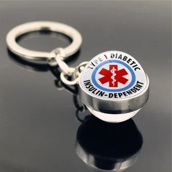 

DIABETES Emergency Medical Alert Double-sided Glass Ball Keyring Autism Picture Cabochon Beads Keychain Jewelry Best Couple Gift