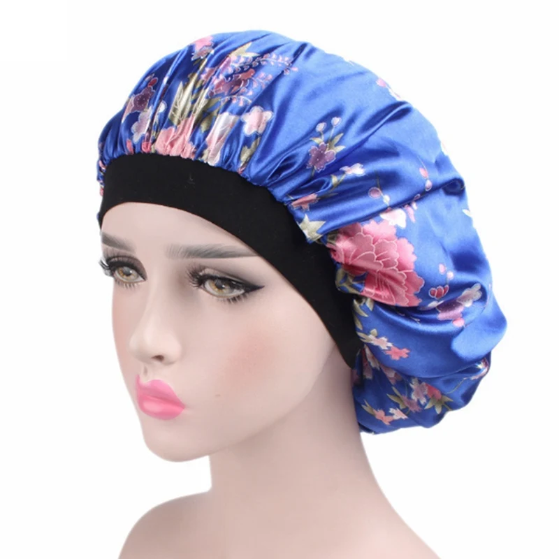 Модная женская атласная ночная шапка для сна, шапка для волос, шелковая шапочка для головы, широкая эластичная - Цвет: K-03 bule