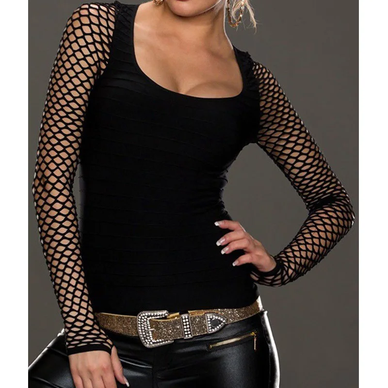 

Women Fishnet Shirt Low Cut Perspective Long Sleeve Slim Sexy Tops AM1435