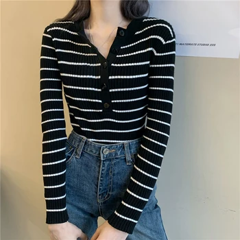 

Women Sweater Female Autumn Winter Inner Semi-Open-Collar Sweaters Black White Striped Long Sleeve Shirt Spring Slim Base Shirt