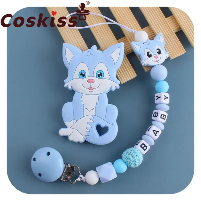 Coskiss Personalized Name Handmade Pacifier Clips Holder Chain Silicone Pacifier Chains Set Civet Cat Baby Teether Chain Blue