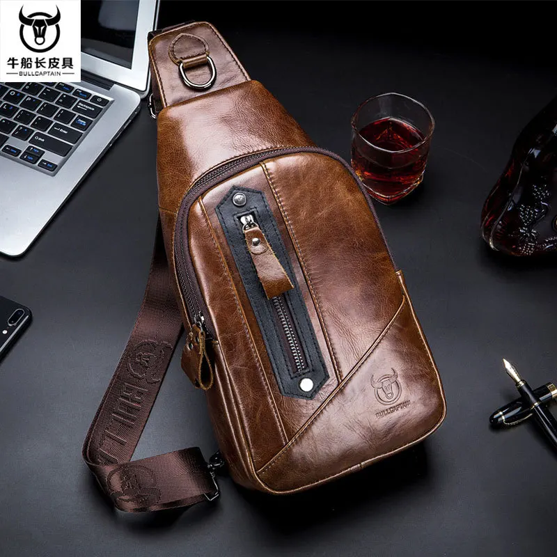 

Captain Niu Men's Chest Bag Leather Fashion Travel Shoulder Bag Top Layer Cowhide Business Diagonal Bag Men