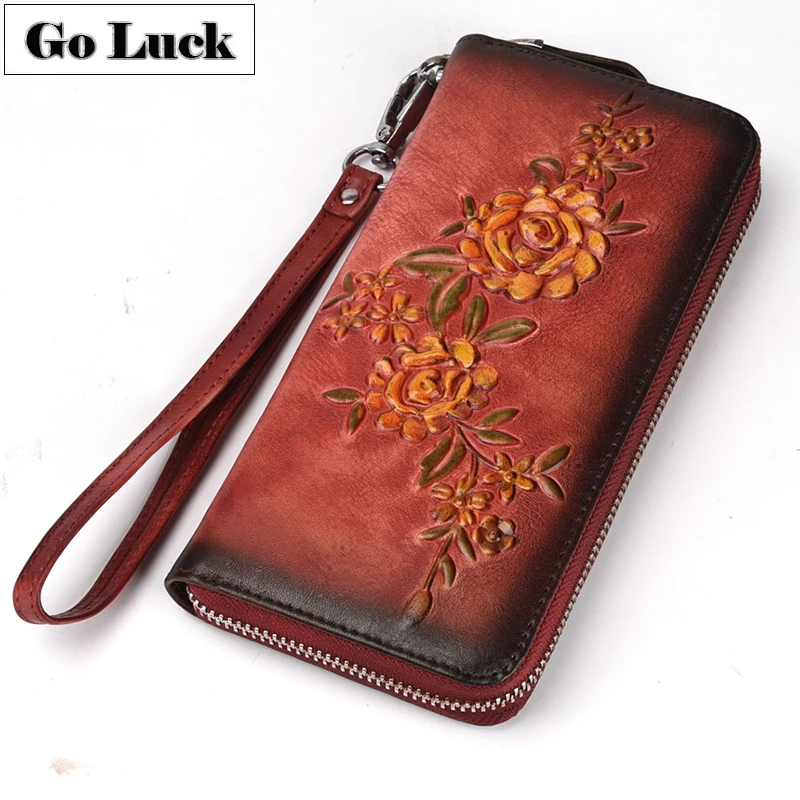 Брендовый кошелек-клатч из натуральной кожи GO-LUCK, женские кошельки на молнии с гравировкой цветов, винтажные кошельки для сотового телефона, кредитница, кошелек
