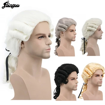 

Ebingoo Grey Black White Lawyer Judge Baroque Curly Male Costume Wigs Deluxe Historical Long Synthetic Cosplay Wig for Halloween