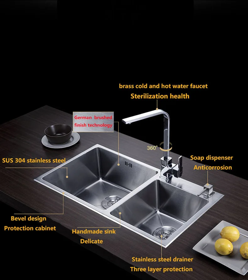 Современная Черная кухонная раковина с двойным корытом, 304 нержавеющая сталь, не швейная корыта, черная раковина
