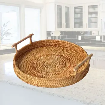 

Round Hand-woven Fruit Storage Basket Rattan Bread Serving Handcrafted Tray K4UA