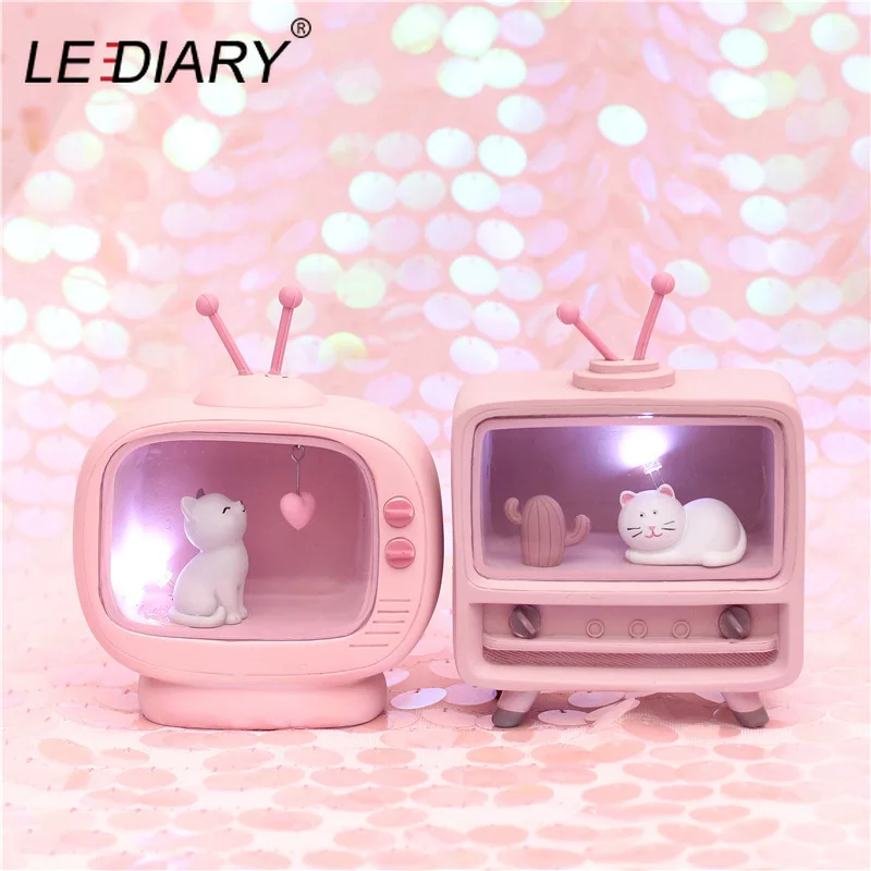 

LEDIARY TV Cat Night Lights Pink Resin Bedside Lamp Warm White Love Succulents Luminaria Girl Kids Decor Light Fixtures