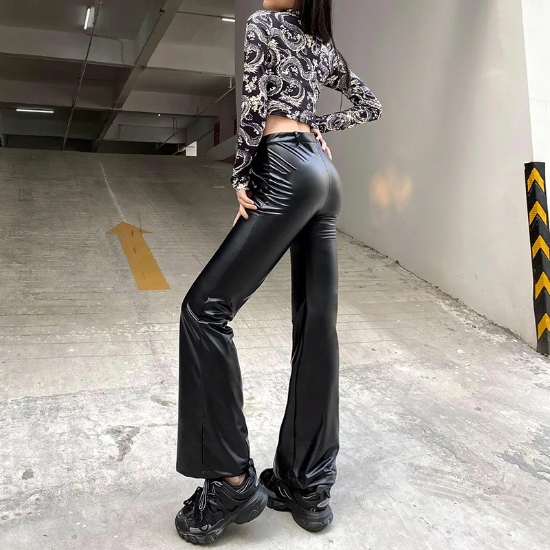 Sexy Leather Trousers PU Wide Leg Flare 