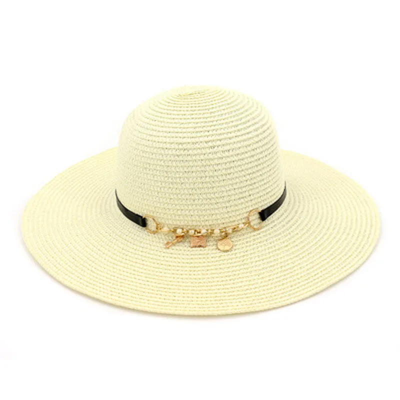 

Sun Hats women summer spring outdoor beach straw hats bi brim solid with chain band elegant luxury casual vintage new women hats