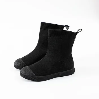 

Children Pure Black Booties Kids Fly Knitting Boots Girls Mid-top Fashion Snow Field Booties Letter Soft Bottom Warm SX252