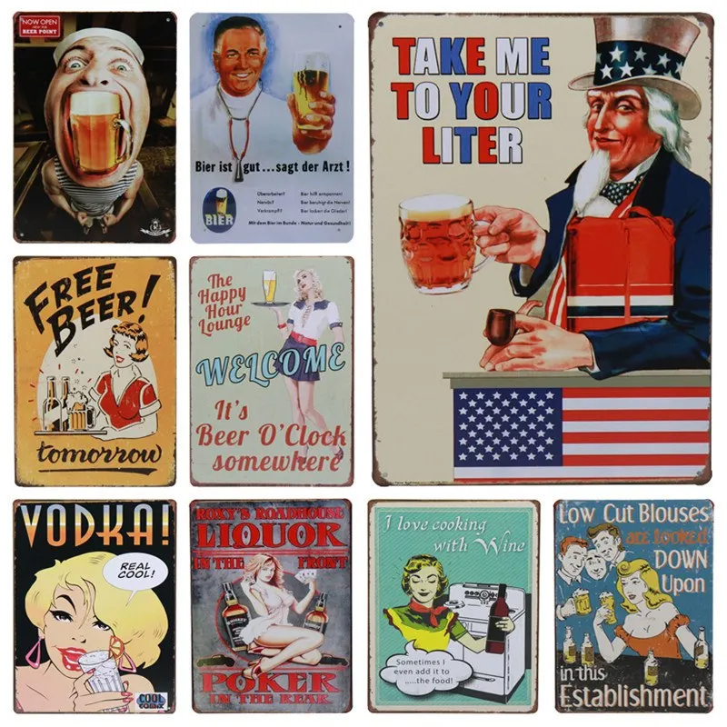 

30X20cm Plaque Metal Vintage Pub Tin Sign Bar Decoration Poster Medal Hanger Cartoon Beer Jagermeister Vodka Bar Signs H54