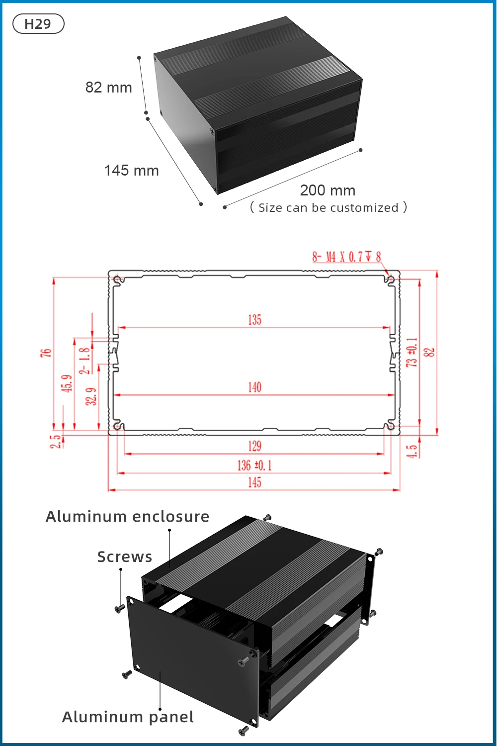 caixa de perfil de alumínio resistiva h28 145*68mm