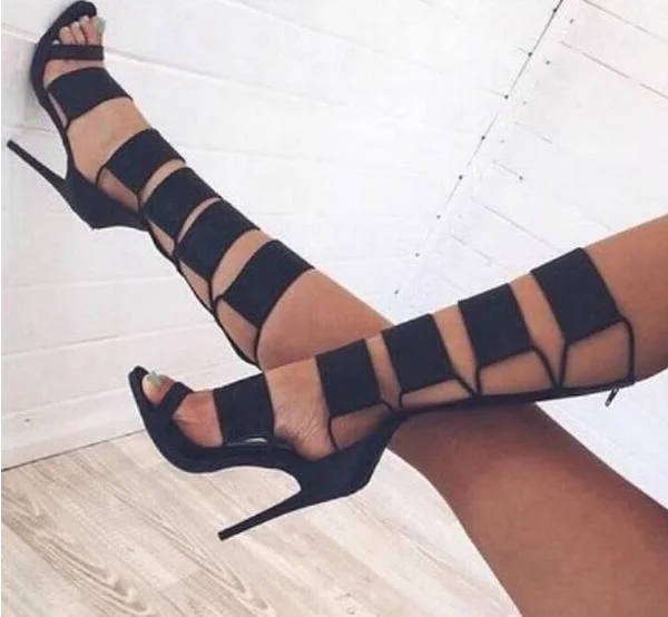 

Woman Black Leather Cuts Out Zipper Back Gladiator Mid-calf Pu Thin Heels Open Toe High Heel Sandal Boots
