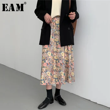

[EAM] High Elastic Waist Flower Printed Elegant Temperament Half-body Skirt Women Fashion Tide New Spring Autumn 2020 1T255