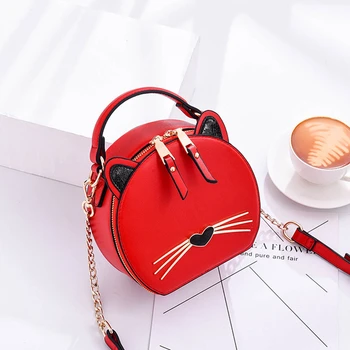 

Cute Cat Shoulder Bags For Women 2020 Chain Crossbody Bag Mini Handbag PU Leather Phone Coin Purse Round Female Lady Totes Bag