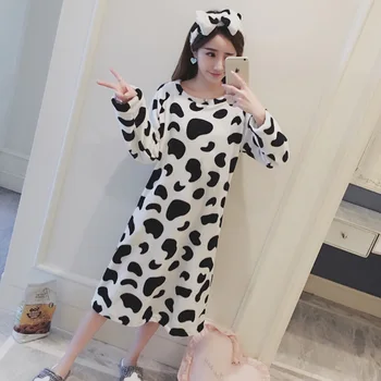 

Cute Female Nightdress Nightgown O-Neck Cartoon Flannel Long Sleeve Nightwear Negligee Blue Coral Fleece Sleepwear Kimono Gown