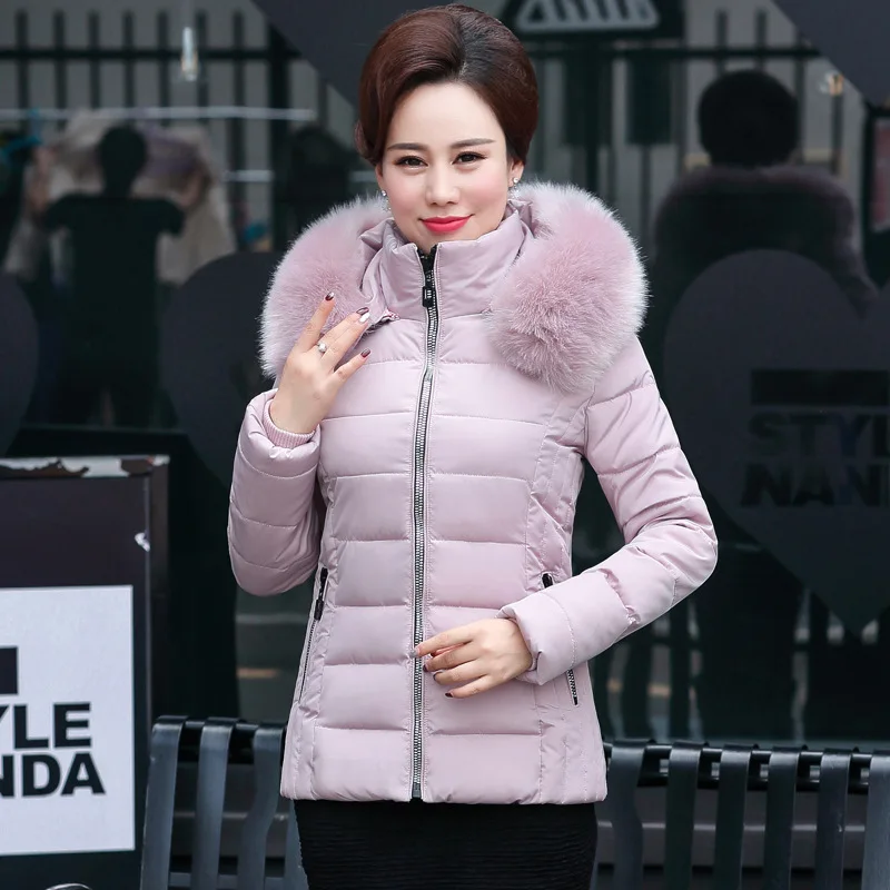 

Winter New Style Cotton-padded Clothes Women's Short Slim Fit Large Size down Cotton fu da Fur Collar Middle-aged Women Dress Th